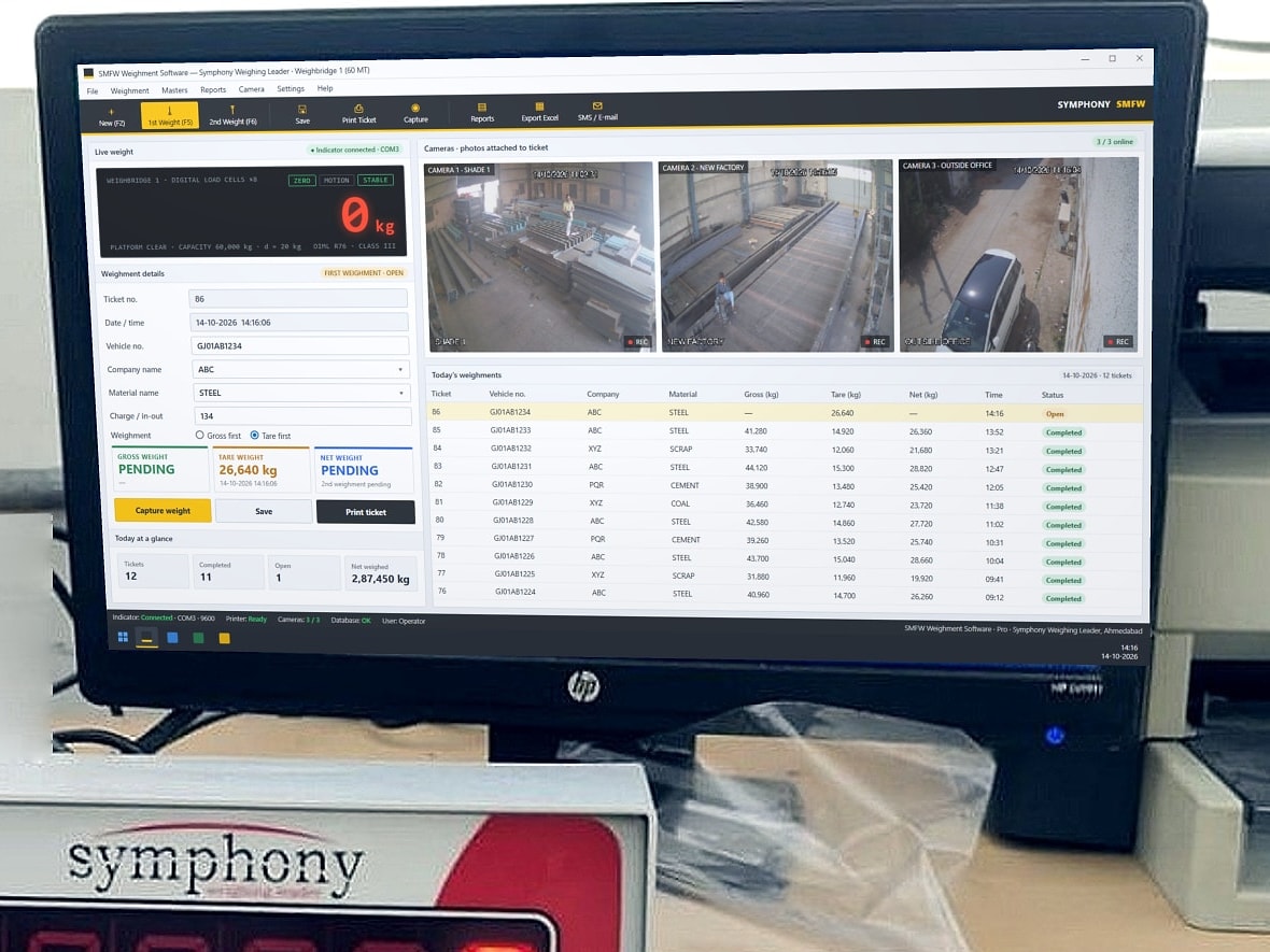 SMFW Weighment Software running on the weigh-cabin PC beside a Symphony indicator