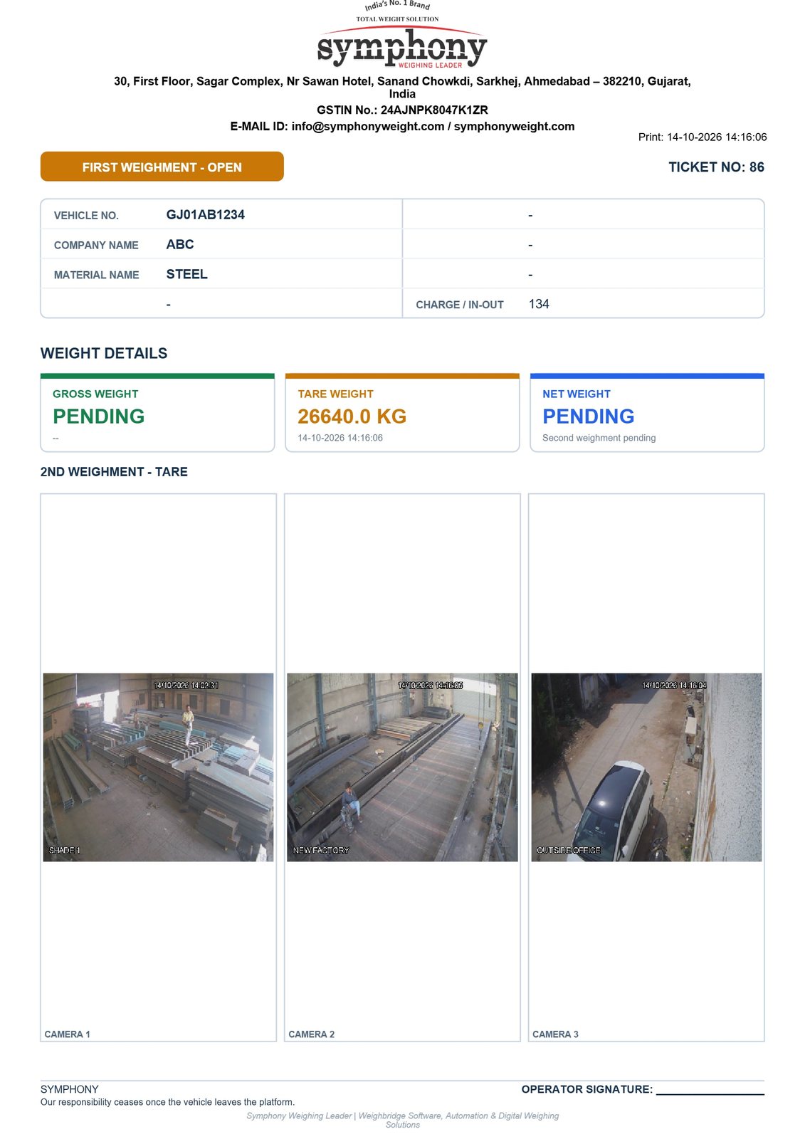 SMFW weighment slip, ticket 86, with tare weight and three CCTV photos